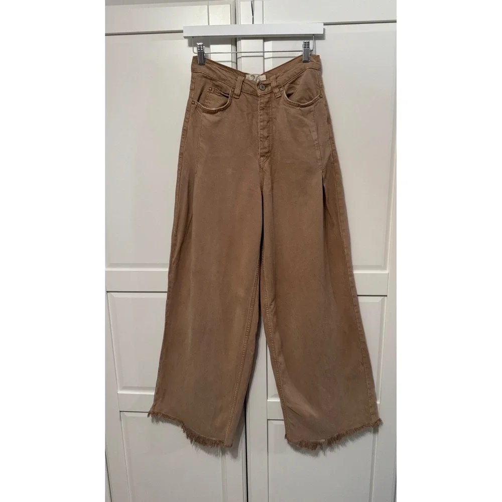 Free People We The Free Old West Slouchy Wide Leg Frayed Hem Jeans Tan Brown 26